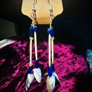 Elegant Native American Blue beaded and porcupine quill/clam Dangle Earrings